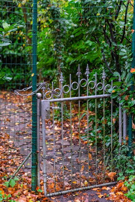 A small, decorative metal garden gate with pointed finials and a latch, positioned within a green wire mesh fence, partially open and leading to a paved pathway that is covered with fallen leaves. Surrounding the gate are dense bushes and trees with green foliage, indicating an outdoor setting. The scene appears to be part of a residential garden area, which could pose access challenges during home relocation or furniture transport. The image showcases the outdoor environment and the physical barrier that Highbury Man and Van might need to navigate when performing removals or moving services through garden access points, emphasizing the importance of careful planning during packing and loading processes.