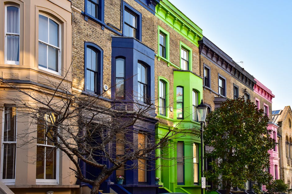 A row of multi-storey Victorian-style terraced houses with colorful facades, including beige, deep blue, bright green, and pink, located on a street in Highbury. The buildings feature large sash windows, some with white frames, and decorative architectural details around the windows and rooflines. In the foreground, a leafless tree with thin branches partially obscures the view, while a traditional black street lamp stands near the green building. The street is illuminated by daylight with clear skies, and the scene reflects typical urban residential surroundings. The image supports house removals and furniture transport services, illustrating the type of environment where Highbury Man and Van provides local relocation and packing solutions, particularly for housing in the area.